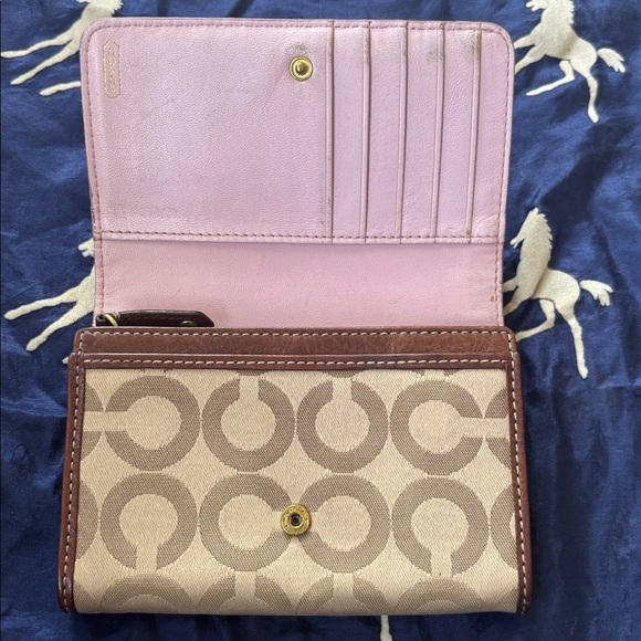 Coach Signature C Khaki Jacquard Canvas Brown Leather Trim Card Organizer Wallet - Picture 4 of 16